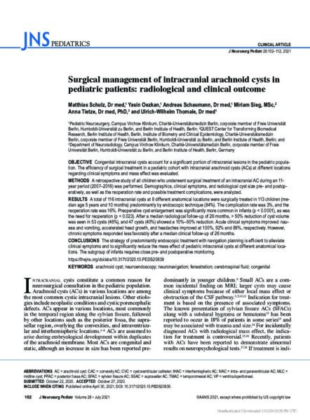 Surgical management of intracranial arachnoid cysts in pediatric patients: radiological and clinical outcome