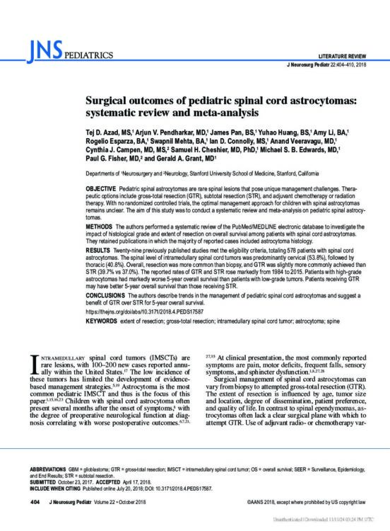 Surgical outcomes of pediatric spinal cord astrocytomas: systematic review and meta-analysis