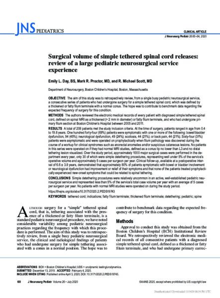 Surgical volume of simple tethered spinal cord releases: review of a large pediatric neurosurgical service experience