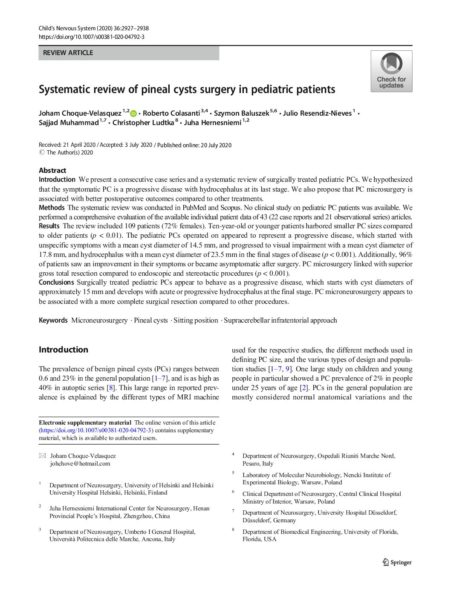 Systematic review of pineal cysts surgery in pediatric patients