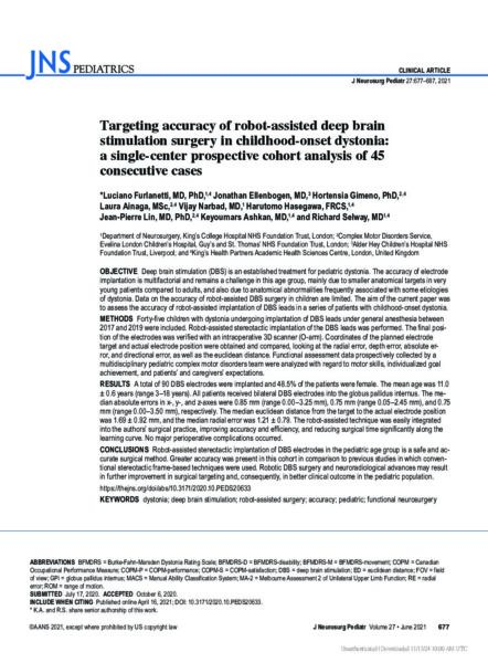 Targeting accuracy of robot-assisted deep brain stimulation surgery in childhood-onset dystonia: a single-center prospective cohort analysis of 45 consecutive cases