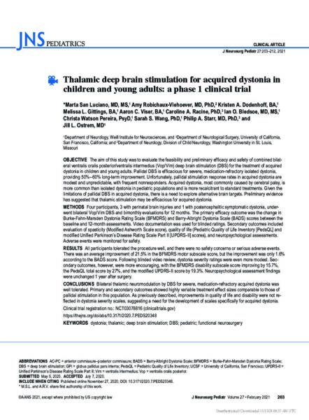 Thalamic deep brain stimulation for acquired dystonia in children and young adults: a phase 1 clinical trial