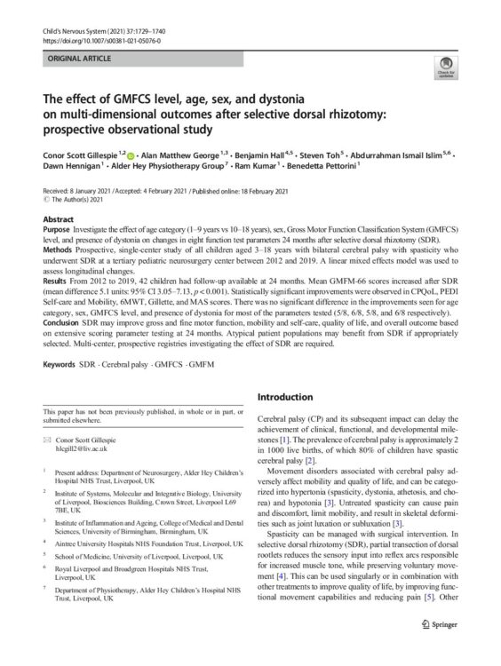 The effect of GMFCS level, age, sex, and dystonia on multi-dimensional outcomes after selective dorsal rhizotomy: prospective observational study