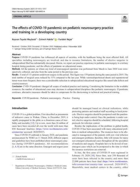 The effects of COVID-19 pandemic on pediatric neurosurgery practice and training in a developing country