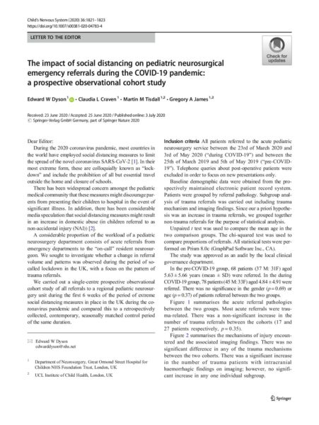 The impact of social distancing on pediatric neurosurgical emergency referrals during the COVID-19 pandemic: a prospective observational cohort study