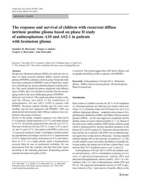 The response and survival of children with recurrent diffuse intrinsic pontine glioma based on phase II study of antineoplastons A10 and AS2-1 in patients with brainstem glioma