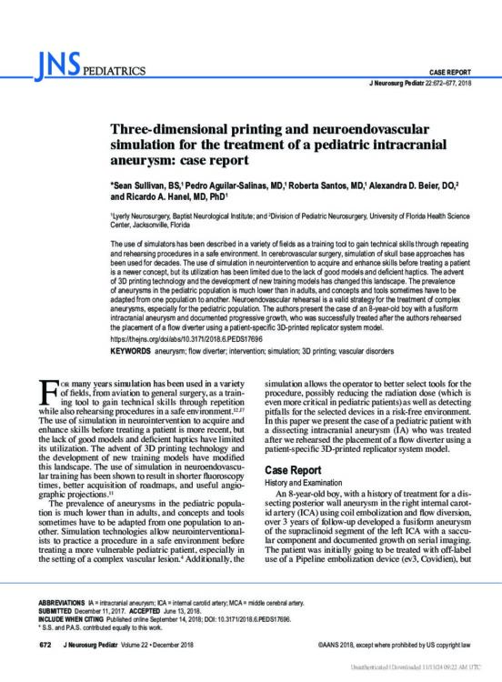Three-dimensional Printing and Neuroendovascular Simulation for the Treatment of a Pediatric Intracranial Aneurysm: Case Report
