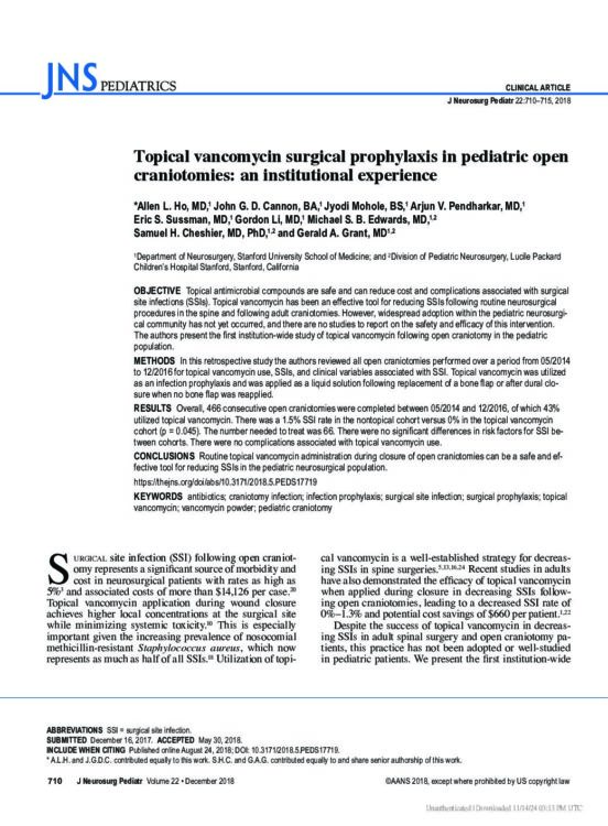 Topical Vancomycin Surgical Prophylaxis in Pediatric Open Craniotomies: an Institutional Experience