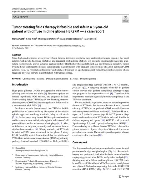 Tumor treating fields therapy is feasible and safe in a 3-year-old patient with diffuse midline glioma H3K27M-a case report