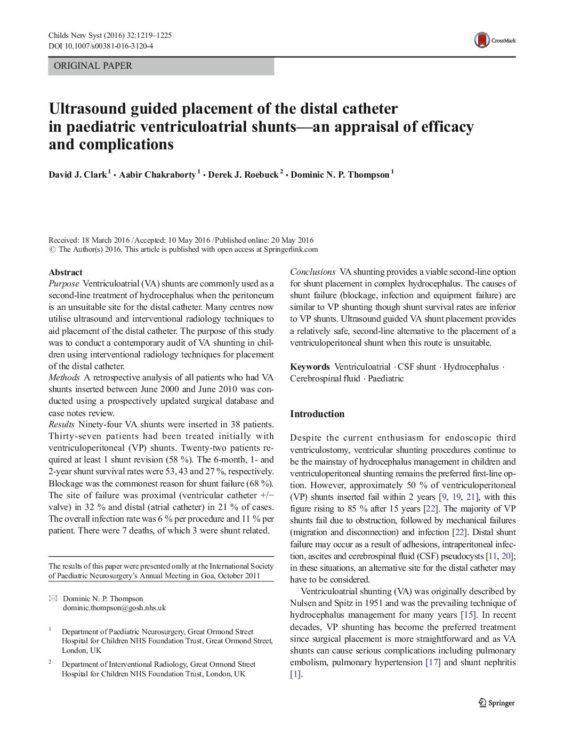 Ultrasound Guided Placement of the Distal Catheter in Paediatric Ventriculoatrial Shunts-an Appraisal of Efficacy and Complications