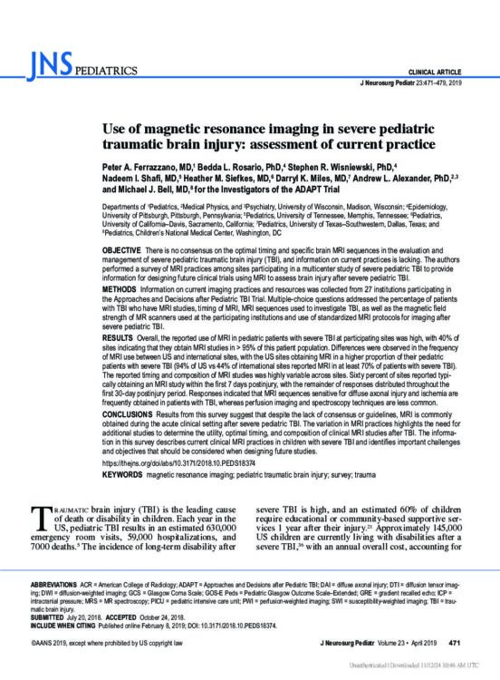 Use of Magnetic Resonance Imaging in Severe Pediatric Traumatic Brain Injury: Assessment of Current Practice