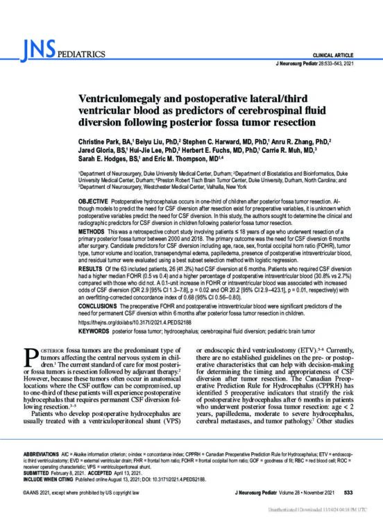 Ventriculomegaly and Postoperative Lateral/third Ventricular Blood as Predictors of Cerebrospinal Fluid Diversion Following Posterior Fossa Tumor Resection