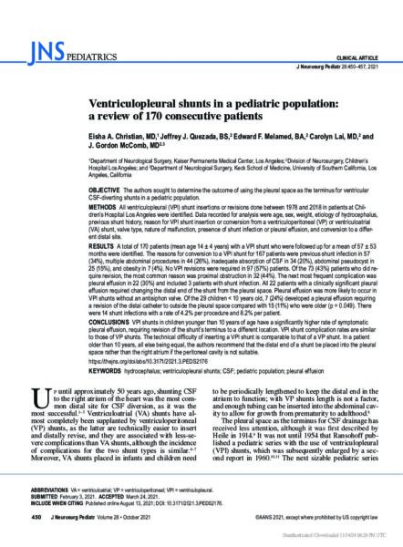 Ventriculopleural shunts in a pediatric population: a review of 170 consecutive patients