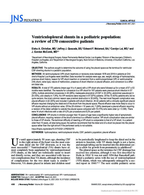 Ventriculopleural Shunts in a Pediatric Population: a Review of 170 Consecutive Patients