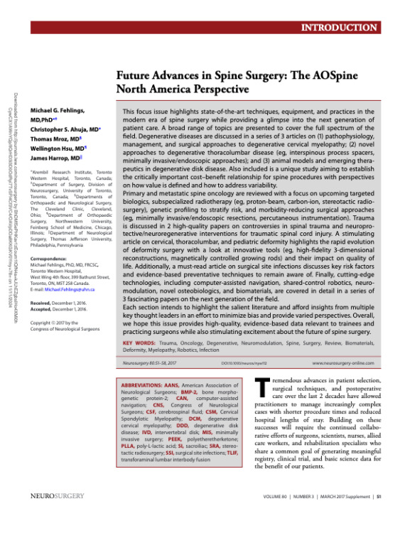 Future Advances in Spine Surgery: The AOSpine North America Perspective INTRODUCTION