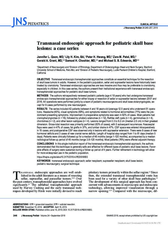 Transnasal Endoscopic Approach for Pediatric Skull Base Lesions: a Case Series