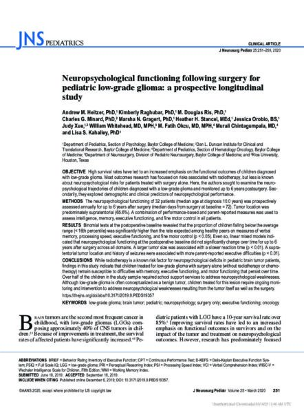 Neuropsychological functioning following surgery for pediatric low-grade glioma: a prospective longitudinal study