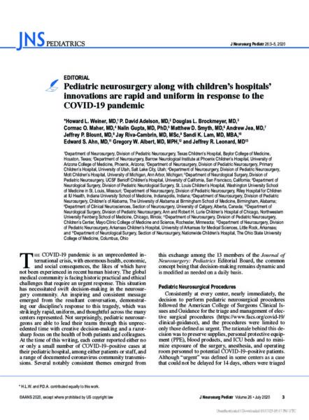 Pediatric neurosurgery along with children's hospitals' innovations are rapid and uniform in response to the COVID-19 pandemic