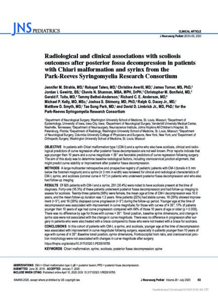 Radiological and clinical associations with scoliosis outcomes after posterior fossa decompression in patients with Chiari malformation and syrinx from the Park-Reeves Syringomyelia Research Consortium