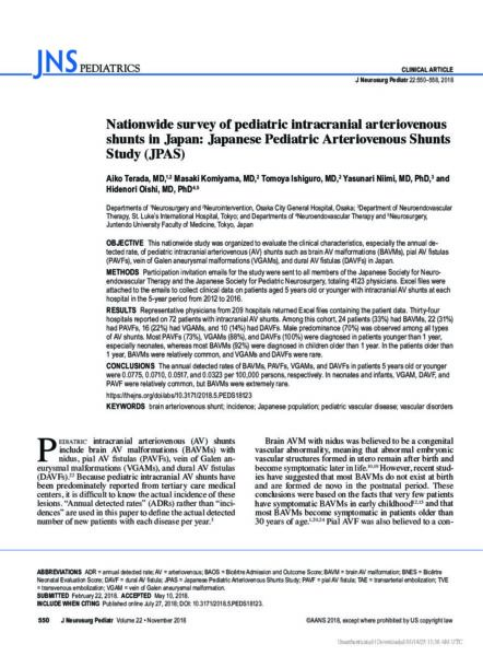 Nationwide survey of pediatric intracranial arteriovenous shunts in Japan: Japanese Pediatric Arteriovenous Shunts Study (JPAS)