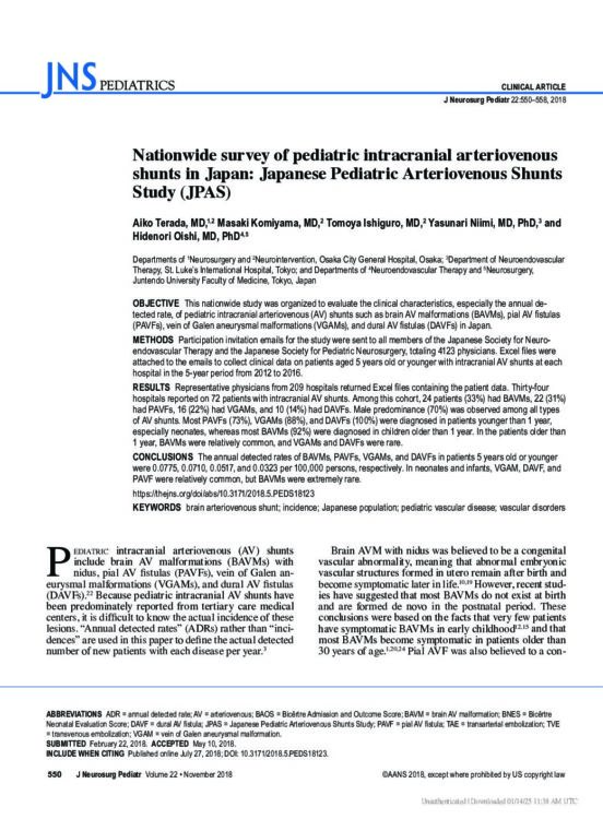 Nationwide survey of pediatric intracranial arteriovenous shunts in Japan: Japanese Pediatric Arteriovenous Shunts Study (JPAS)