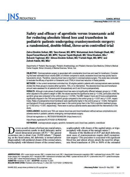 Safety and efficacy of aprotinin versus tranexamic acid for reducing absolute blood loss and transfusion in pediatric patients undergoing craniosynostosis surgery: a randomized, double-blind, three-arm controlled trial