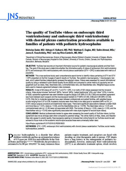 The quality of YouTube videos on endoscopic third ventriculostomy and endoscopic third ventriculostomy with choroid plexus cauterization procedures available to families of patients with pediatric hydrocephalus