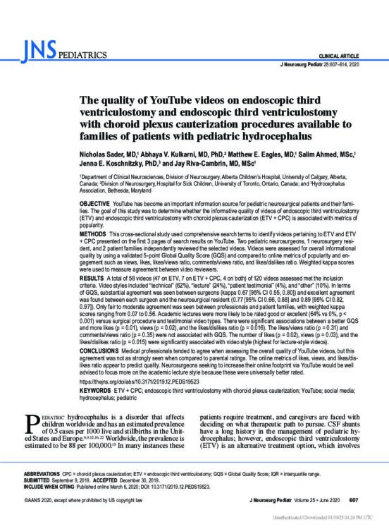 The quality of YouTube videos on endoscopic third ventriculostomy and endoscopic third ventriculostomy with choroid plexus cauterization procedures available to families of patients with pediatric hydrocephalus