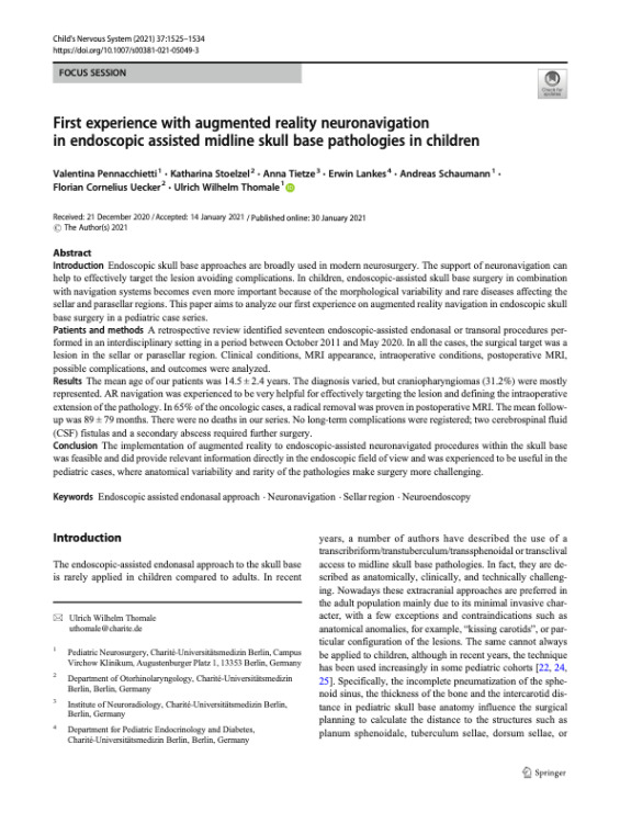 First experience with augmented reality neuronavigation in endoscopic assisted midline skull base pathologies in children