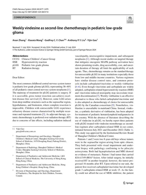 Weekly Vindesine as Second‑Line Chemotherapy in Pediatric Low‑Grade Glioma