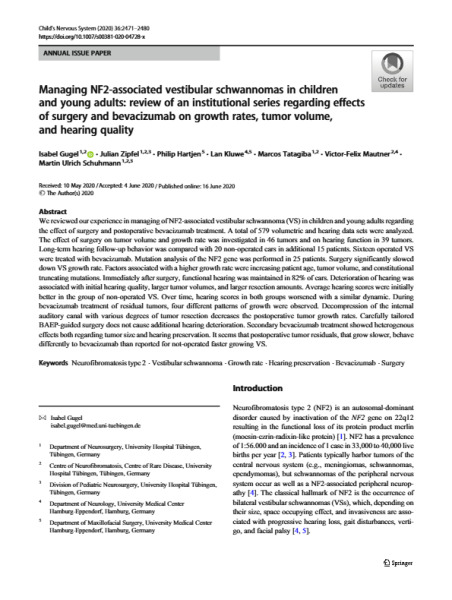 Child’s Nervous System yearbook on Phacomatoses 2020: Managing NF2-Associated Vestibular Schwannomas in Children and Young Adults: Review of an Institutional Series Regarding Effects of Surgery and Bevacizumab on Growth Rates, Tumor Volume, and Hearing Quality