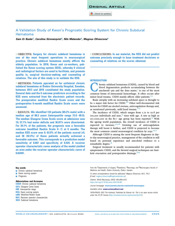 A Validation Study of Kwon’s Prognostic Scoring System for Chronic Subdural Hematoma