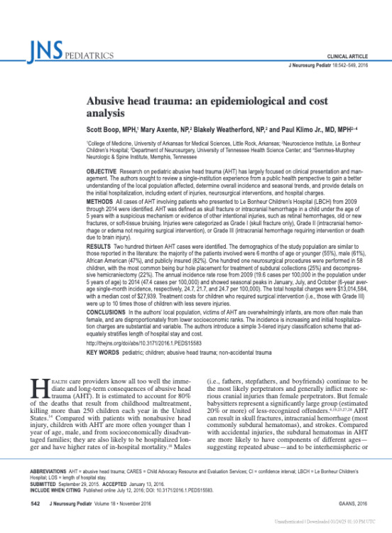 Abusive head trauma: an epidemiological and cost analysis