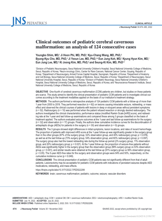 Clinical outcomes of pediatric cerebral cavernous malformation: an analysis of 124 consecutive cases