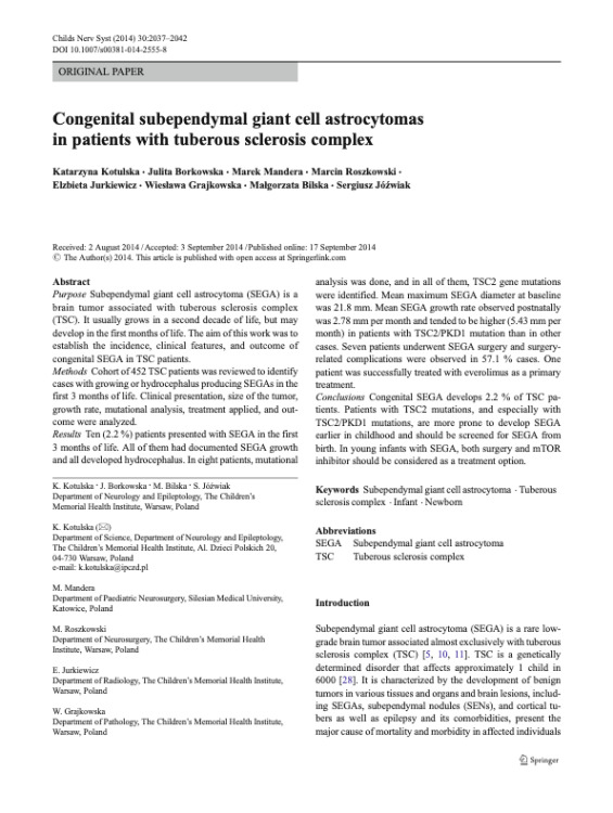Congenital subependymal giant cell astrocytomas in patients with tuberous sclerosis complex