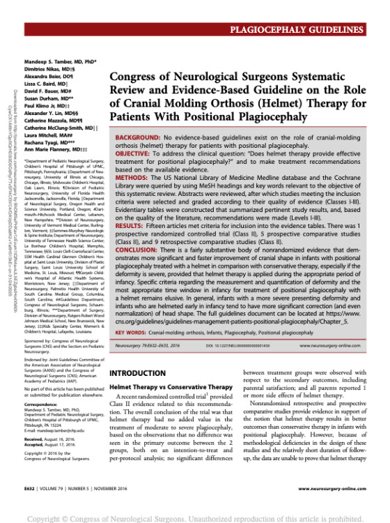 Congress of Neurological Surgeons Systematic Review and Evidence-Based Guideline on the Role of Cranial Molding Orthosis (Helmet) Therapy for Patients With Positional Plagiocephaly