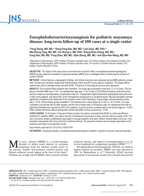 Encephaloduroarteriosynangiosis for pediatric moyamoya disease: long-term follow-up of 100 cases at a single center