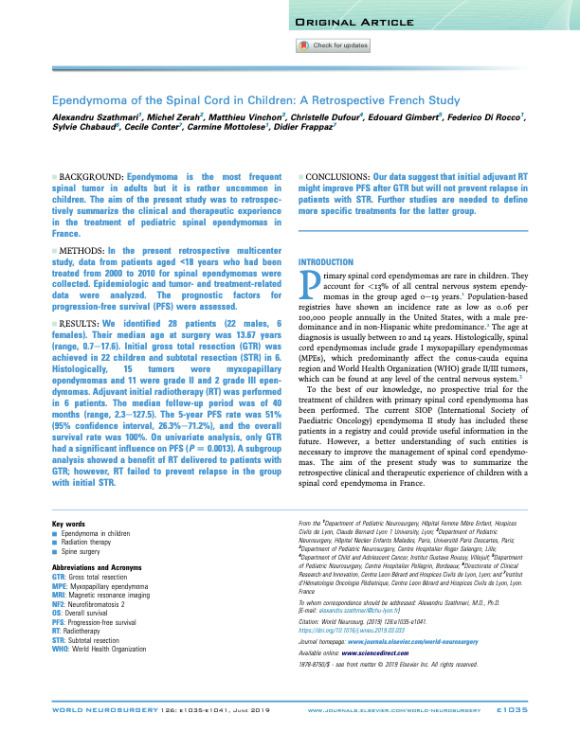 Ependymoma of the Spinal Cord in Children: A Retrospective French Study