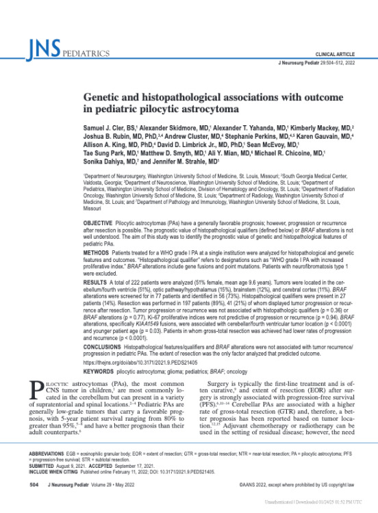Genetic and histopathological associations with outcome in pediatric pilocytic astrocytoma
