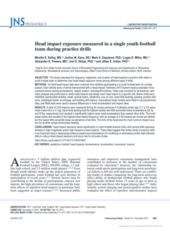 Head impact exposure measured in a single youth football team during practice drills