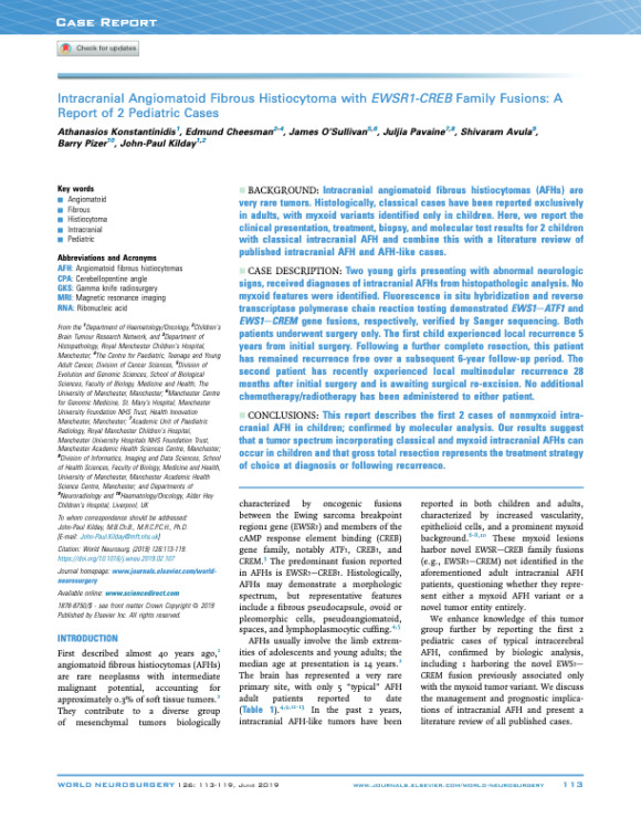 Intracranial Angiomatoid Fibrous Histiocytoma with EWSR1-CREB Family Fusions: A Report of 2 Pediatric Cases
