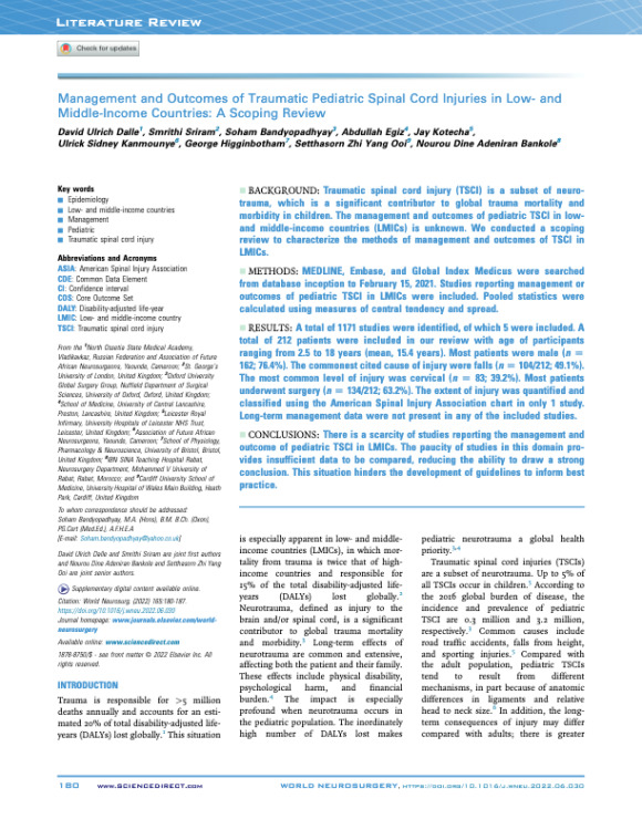 Management and Outcomes of Traumatic Pediatric Spinal Cord Injuries in Low- and Middle-Income Countries: A Scoping Review