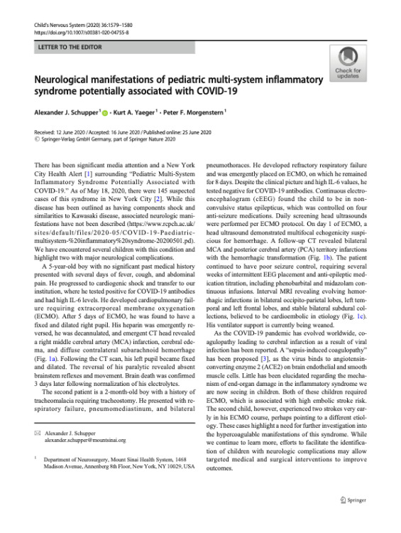 Neurological manifestations of pediatric multi-system inflammatory syndrome potentially associated with COVID-19