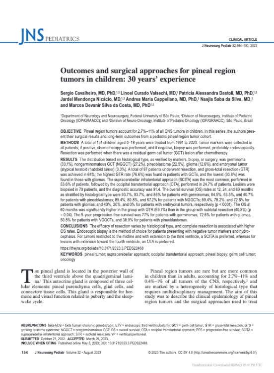 Outcomes and surgical approaches for pineal region tumors in children: 30 years’ experience