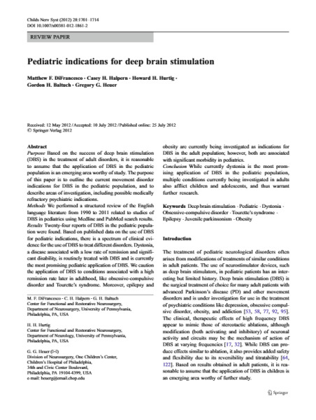Pediatric indications for deep brain stimulation - ISPN Library