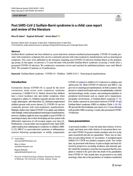 Post SARS-CoV-2 Guillain-Barre syndrome in a child: case report and review of the literature