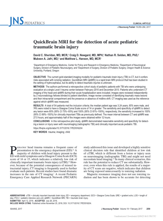 QuickBrain MRI for the detection of acute pediatric traumatic brain injury