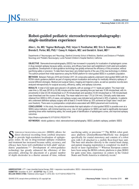 Robot guided pediatric stereoelectroencephalography: single-institution experience