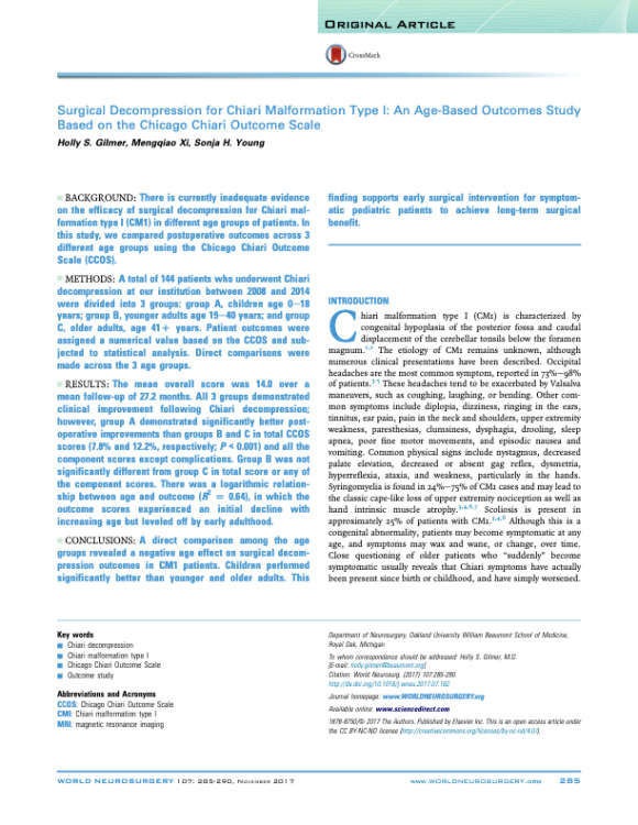 Surgical Decompression for Chiari Malformation Type I: An Age-Based Outcomes Study Based on the Chicago Chiari Outcome Scale