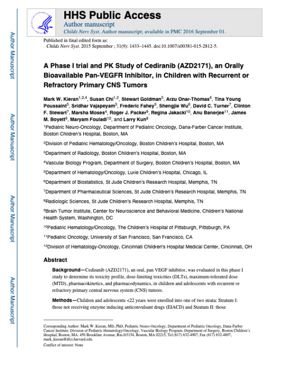 A phase I trial and PK study of cediranib (AZD2171), an orally bioavailable pan-VEGFR inhibitor, in children with recurrent or refractory primary CNS tumors